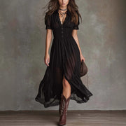 Fitted-waist Ruffled-edge Chic Dark-style V-neck Blouse and Slit Maxi Skirt