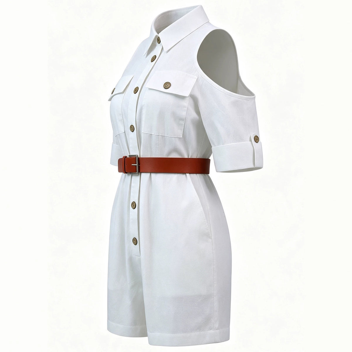 Cotton Button-Down Romper Shirt Shorts Jumpsuit