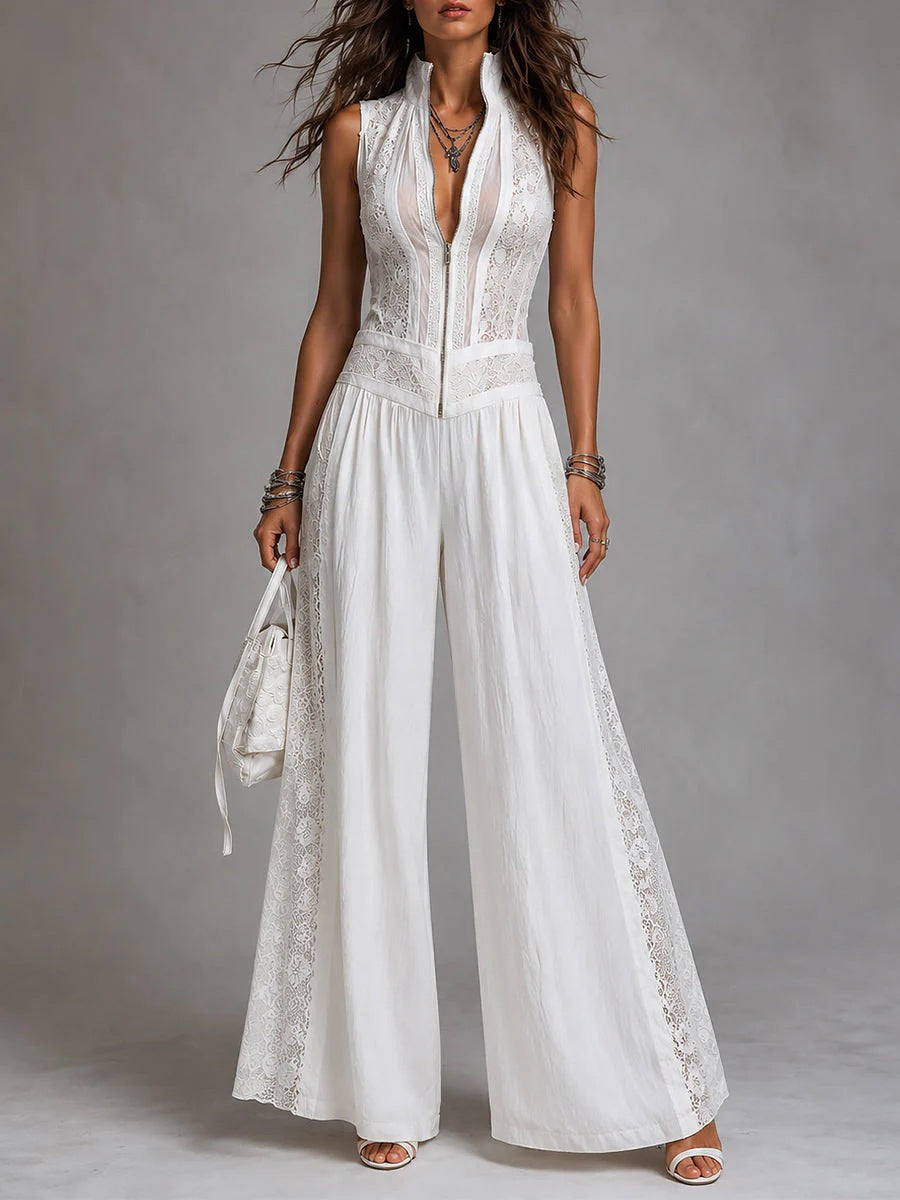 High-Waisted Wide-Leg Draped Jumpsuit with Cutouts