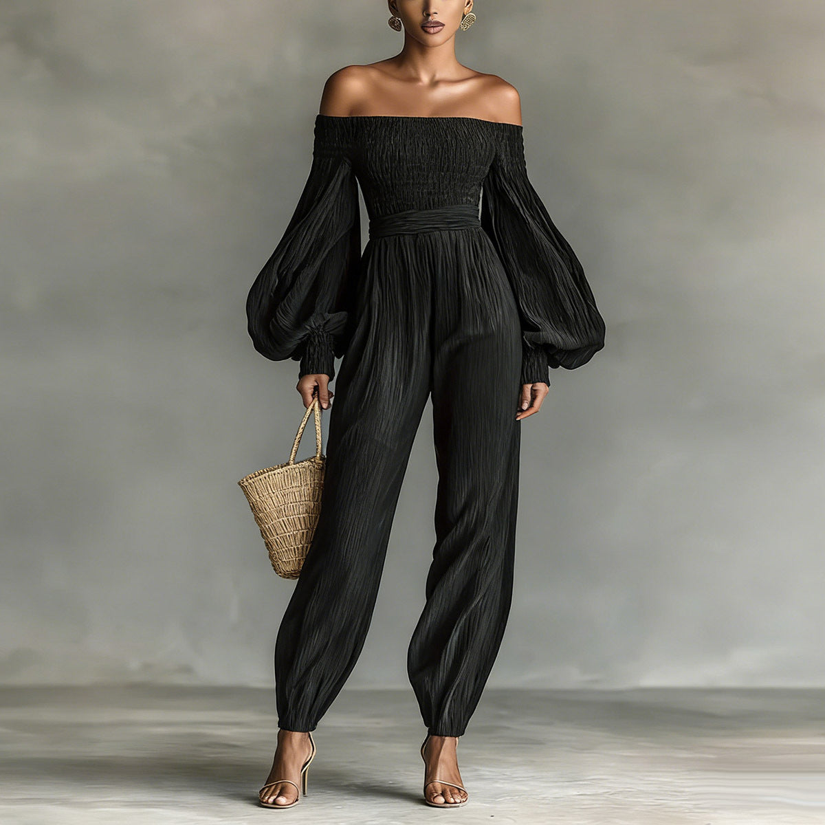 Elegant Off-Shoulder Pleated Long-Sleeve Jumpsuit