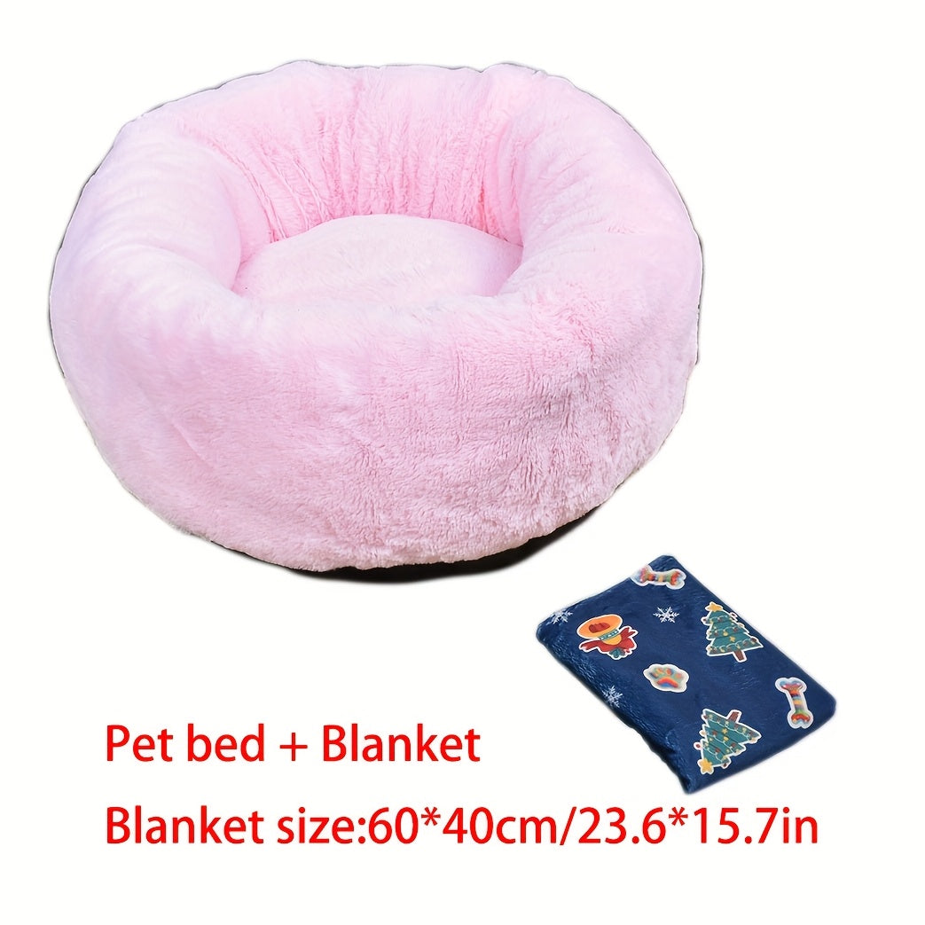 2Pcs Plush Dog & Cat Bed, Winter Warm Pet Round Nest For Small Pets + Christmas Floral Blanket (23.62*15.75Inch), Pet Bed, Cozy Pet Nest, Floral Design, Festive Pet Accessory, Plush Material, Cat L...