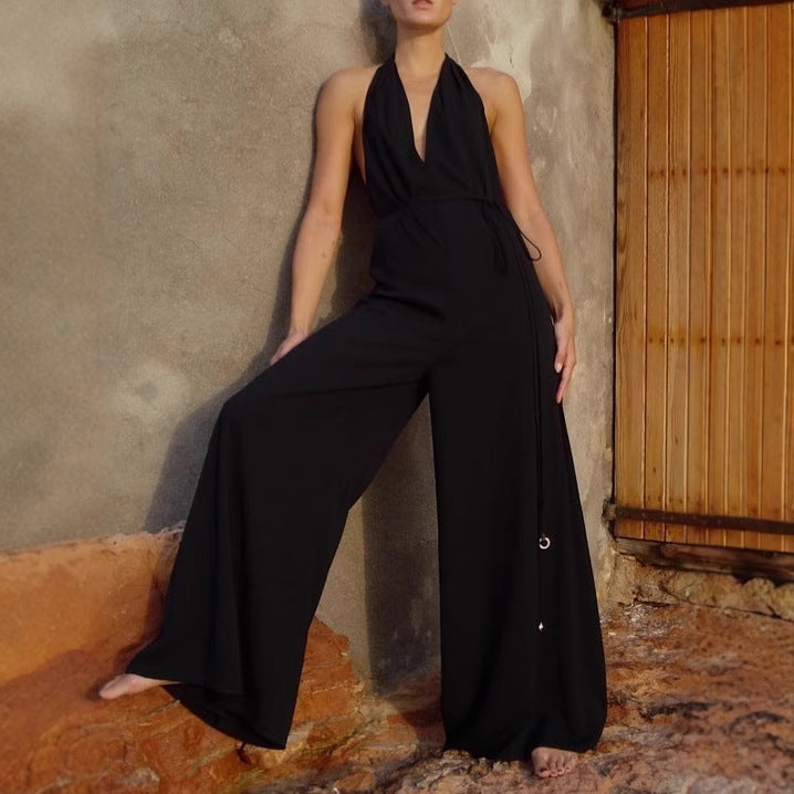 Elegant V-Neck Halter Wide-Leg Jumpsuit