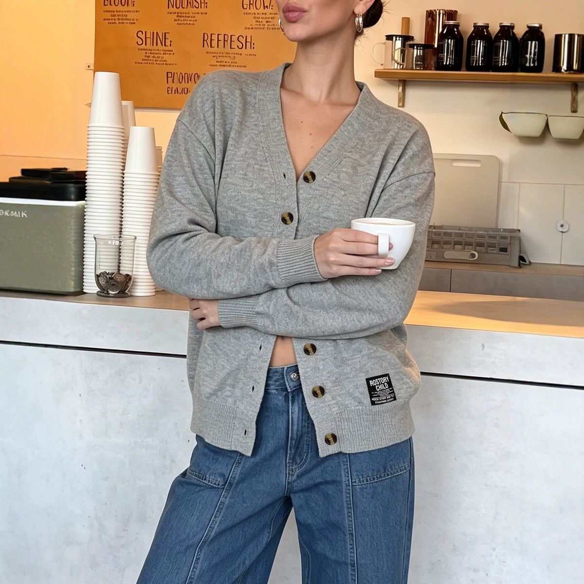V-neck Long-sleeve Knitted Cardigan Womens Top