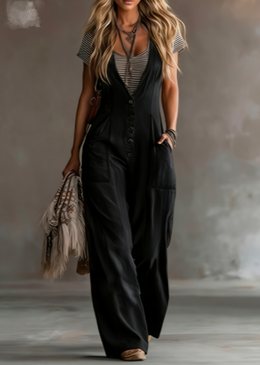 Vintage Single-breasted Strap Wide-leg Jumpsuit