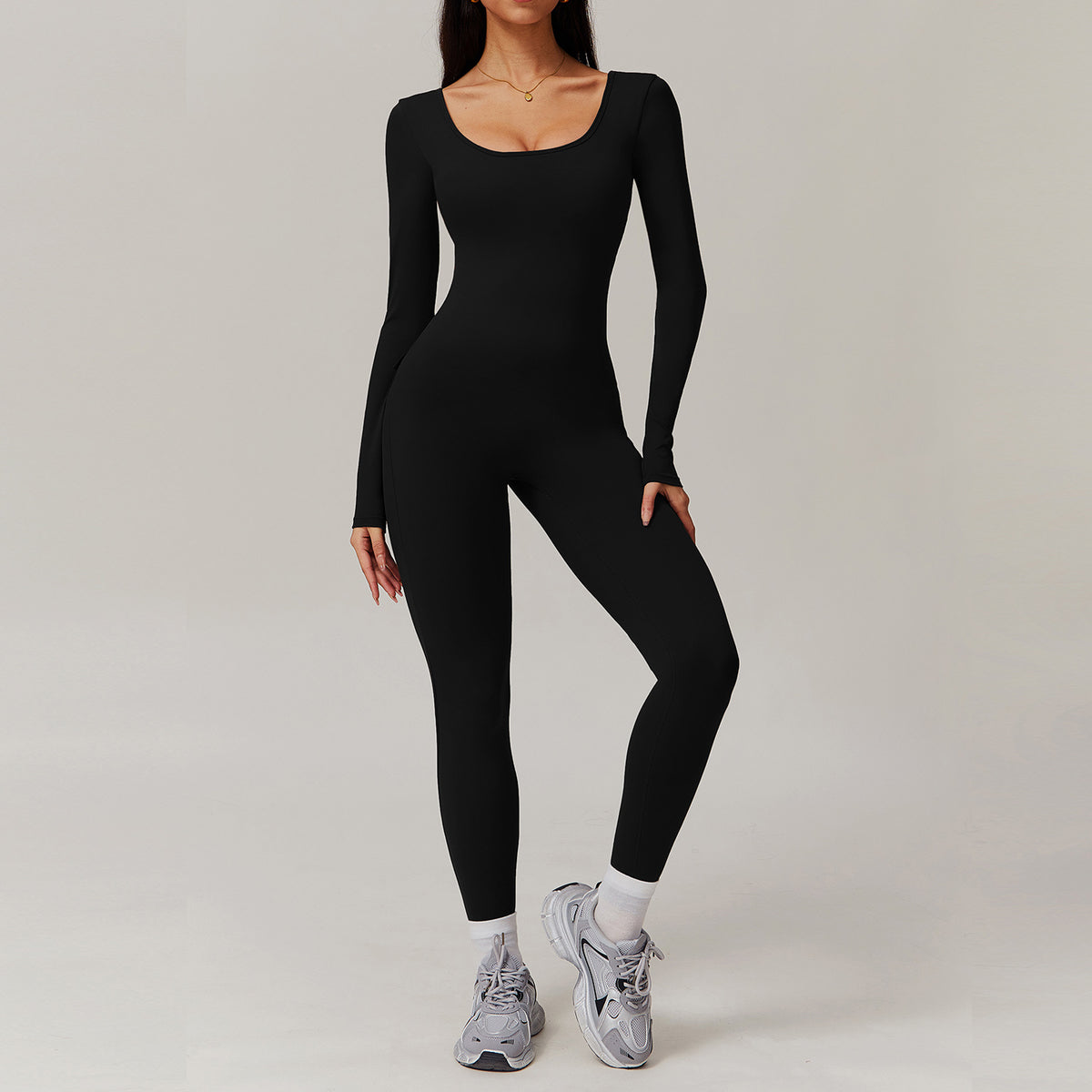 Women's Solid Color Back Nude Feel Long Sleeve Yoga Jumpsuit