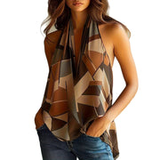 Elegant Patchwork Halter Top – Loose Fit, Deep Back Cutout