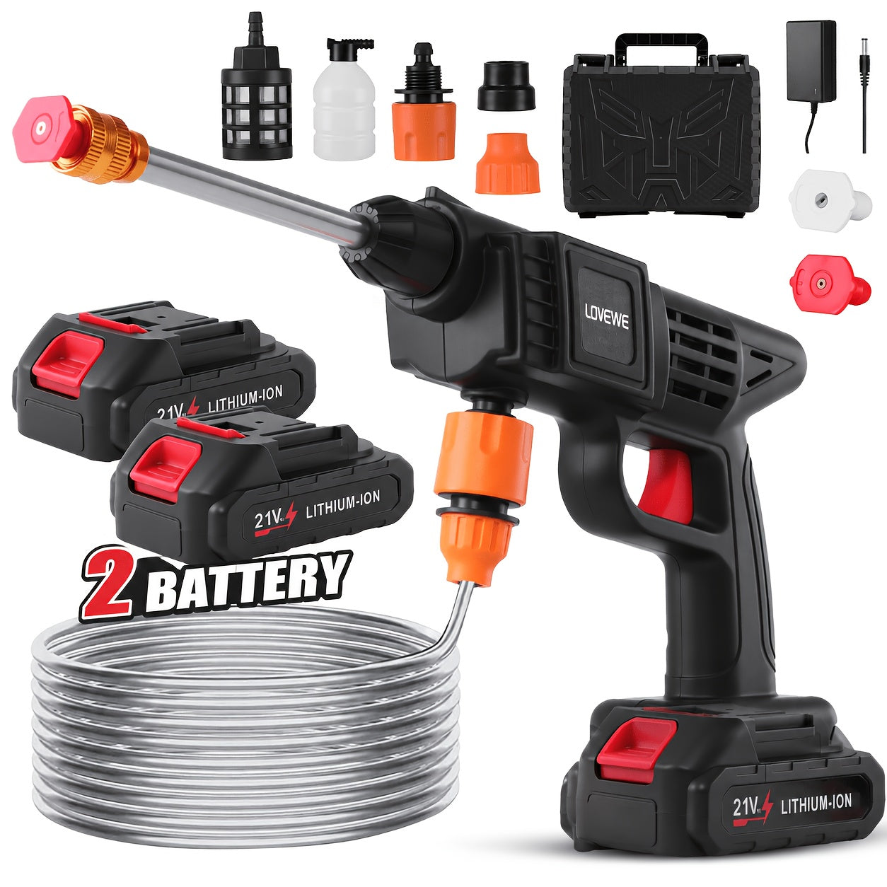 300W Cordless High Pressure Power Car Wash with 2 Rechargeable Lithium-Ion Batteries, 6‑in‑1 Nozzle, 1.3 GPM Handheld Foam Gun