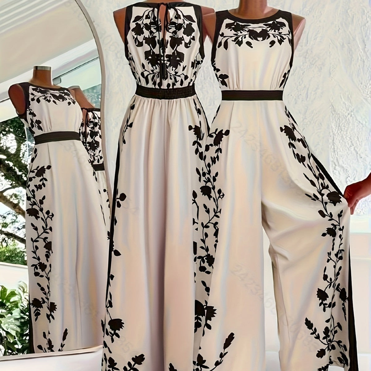 Elegant Sleeveless Printed Open-Back Casual Jumpsuit