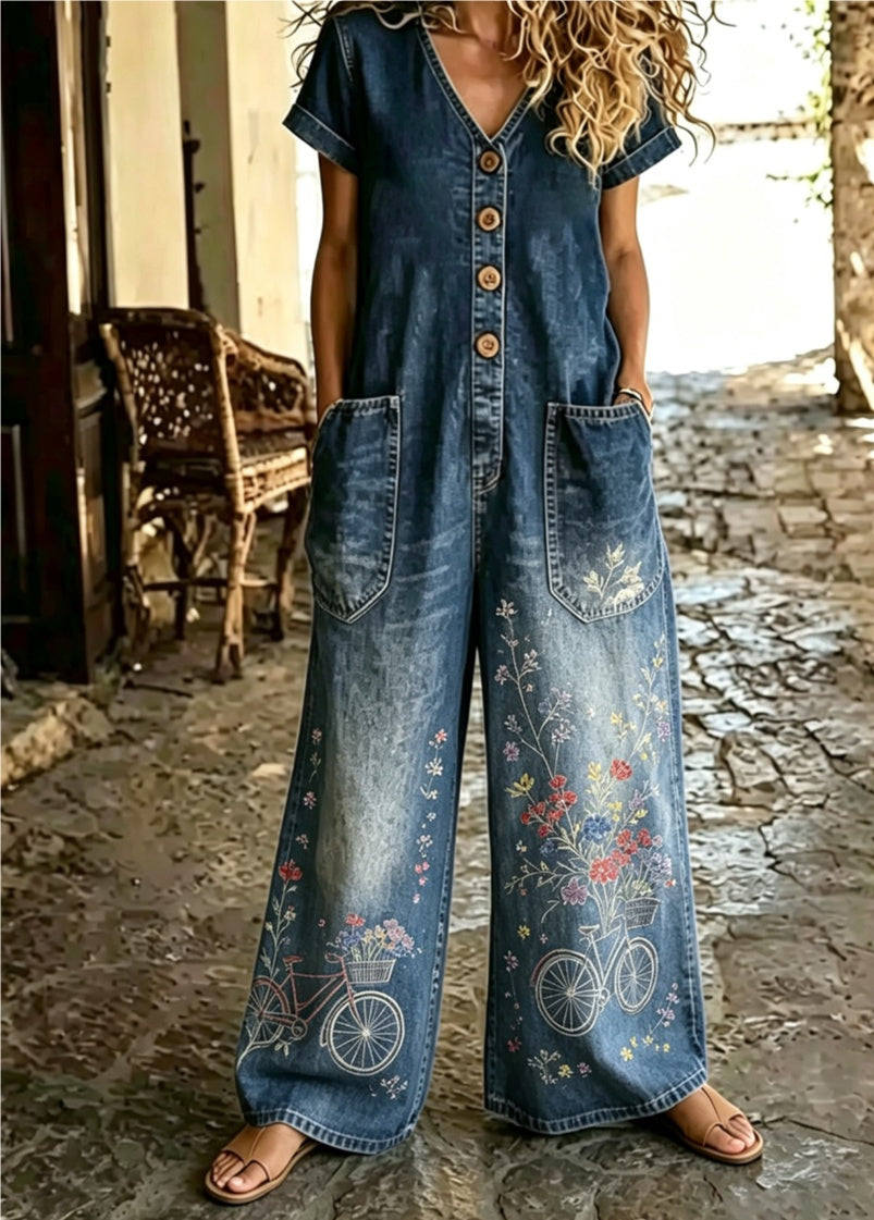 Casual Denim Wide-Leg Short Sleeve Jumpsuit with Pockets