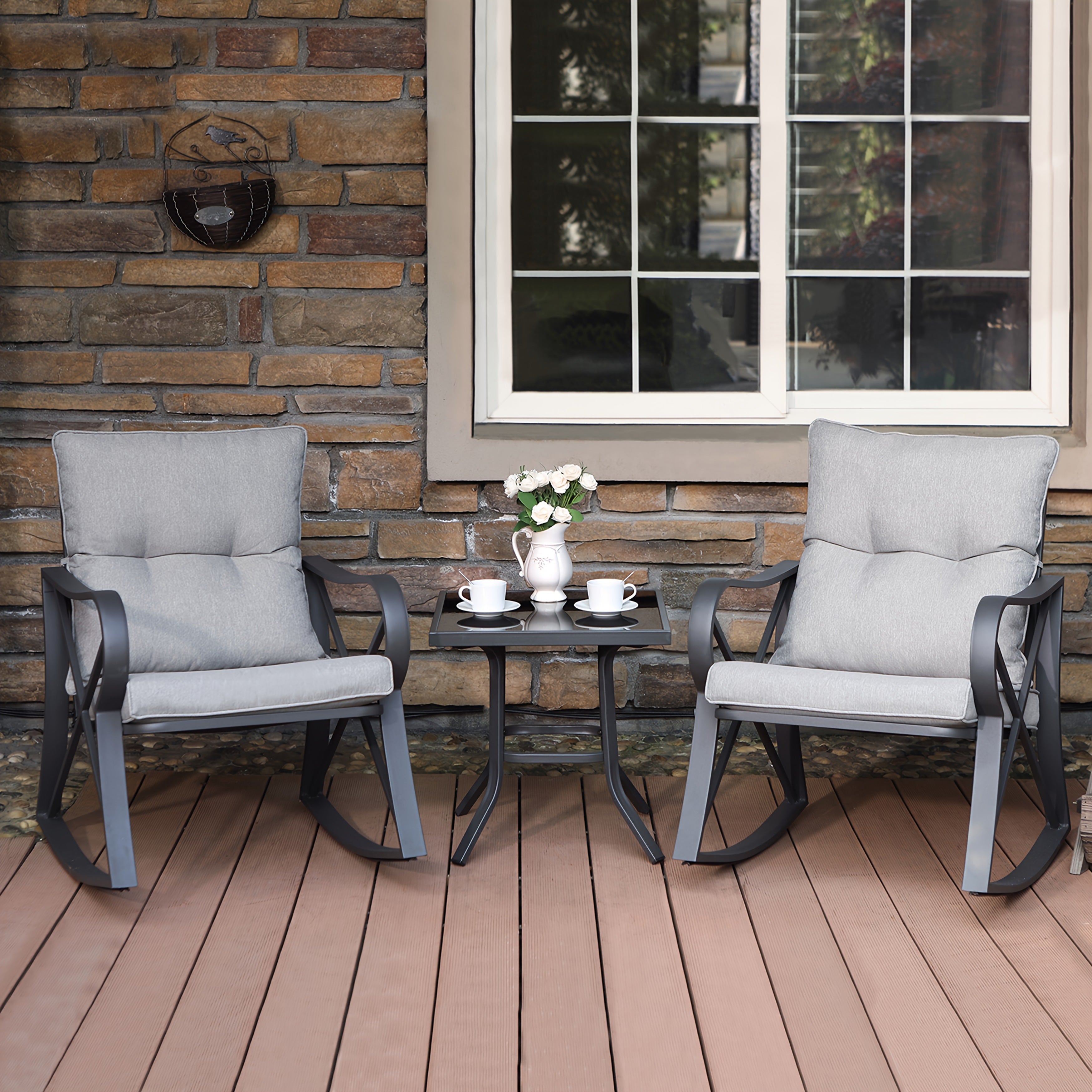 3pcs Outdoor Rocking Chair Set, Heavy Duty 350lbs Capacity Wicker Patio Furniture, 3" Extra Thick Cushioned Bistro Set With Glass Coffee Table, All-Weather Porch Rockers For Garden Set & Balcony, White/Gray/Cream