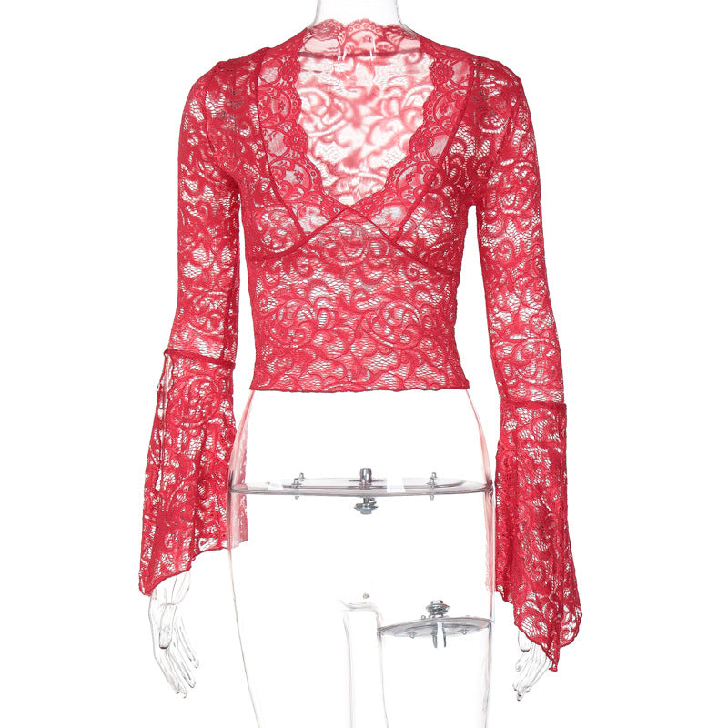 Sexy Deep V Slim Fit Midriff-baring Lace Long-sleeved Lace Top