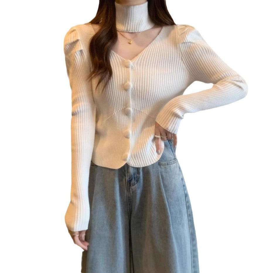 V-neck Puff-sleeve Knit Camisole Halter Top