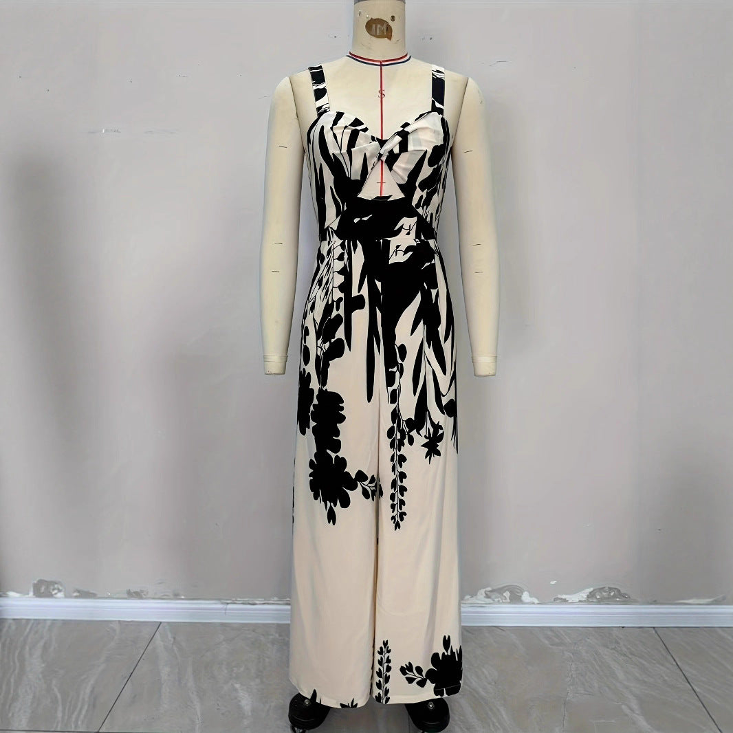 Boho Ethnic Print Tie-Waist Wide-Leg Vacation Jumpsuit