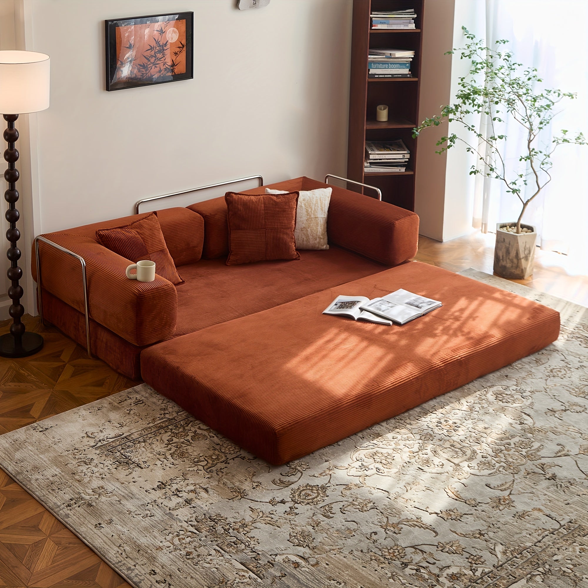 Modular L-shaped chaise longue sofa bed with deep seat and corduroy upholstery