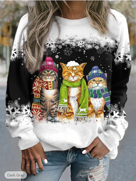 Festive Christmas Snowman & Cat Long Sleeve Casual T-Shirt