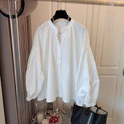 Womens Solid Color Crew Neck Loose Single Breasted Long Sleeve Shirt