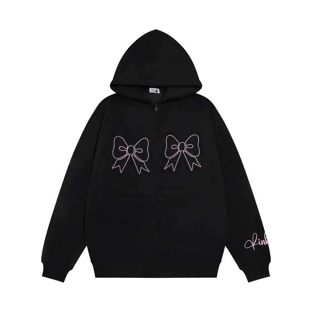 Chic Bow Embroidery Hooded Cardigan Sweater