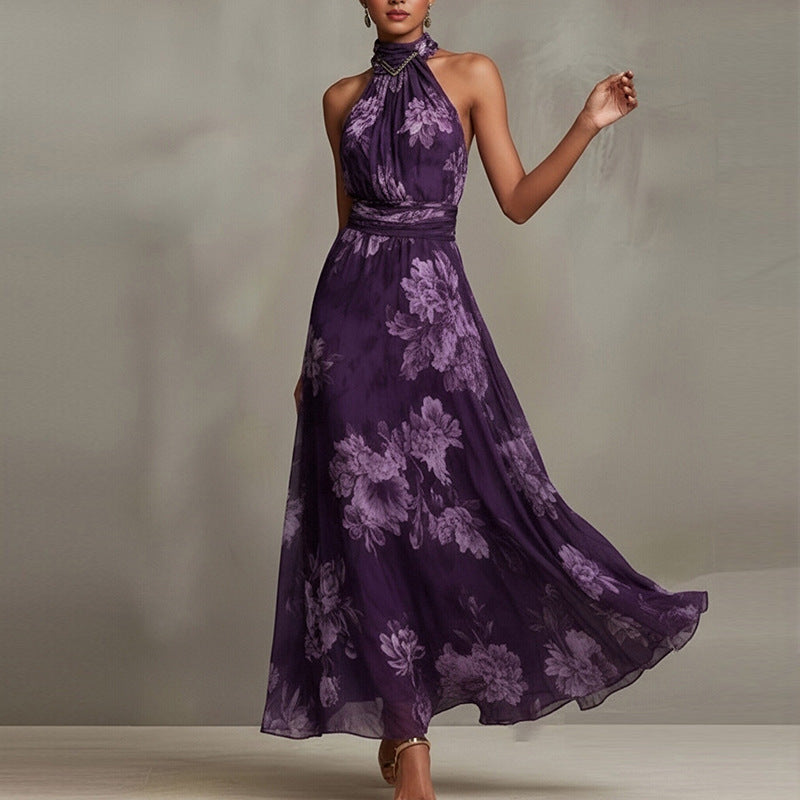Elegant Summer Halter Neck Sleeveless Printed Long Dress
