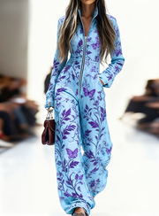 Zippered Long-sleeved Casual Wide-leg Jumpsuit