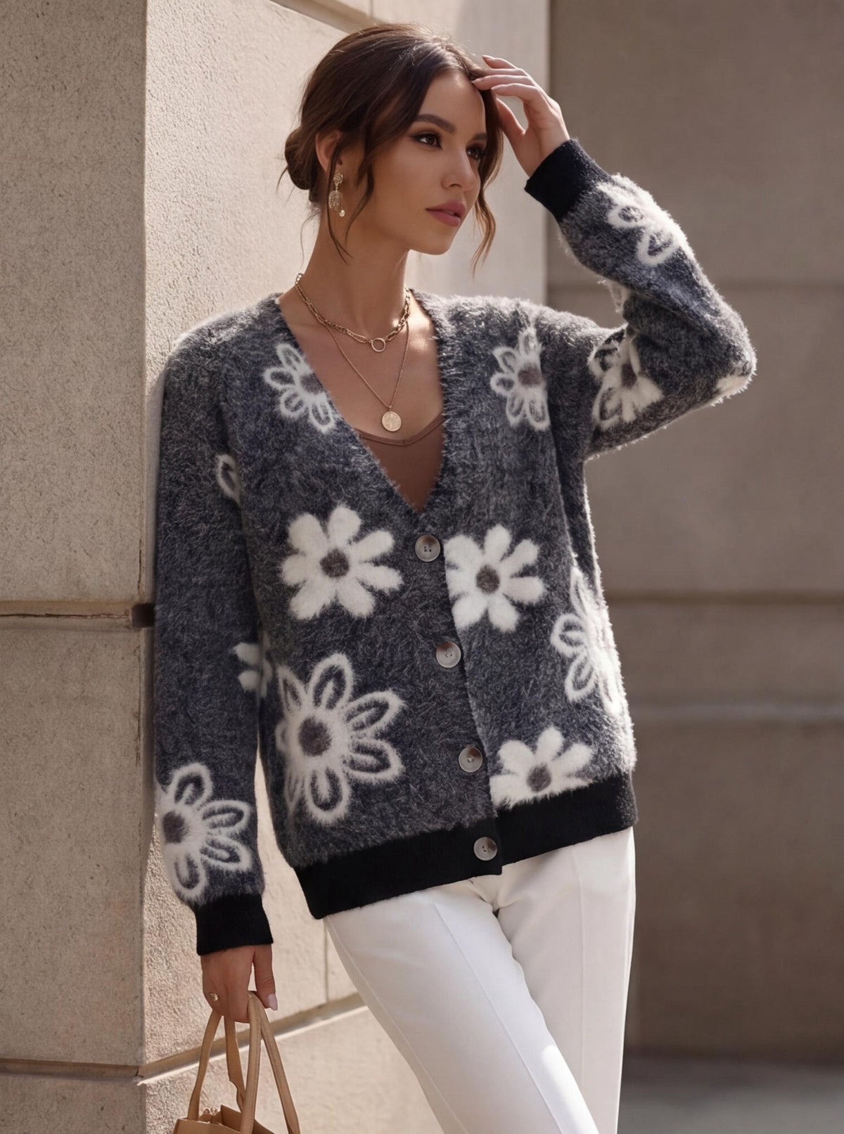 Floral-pattern Knit Cardigan V-neck Sweater Jacket