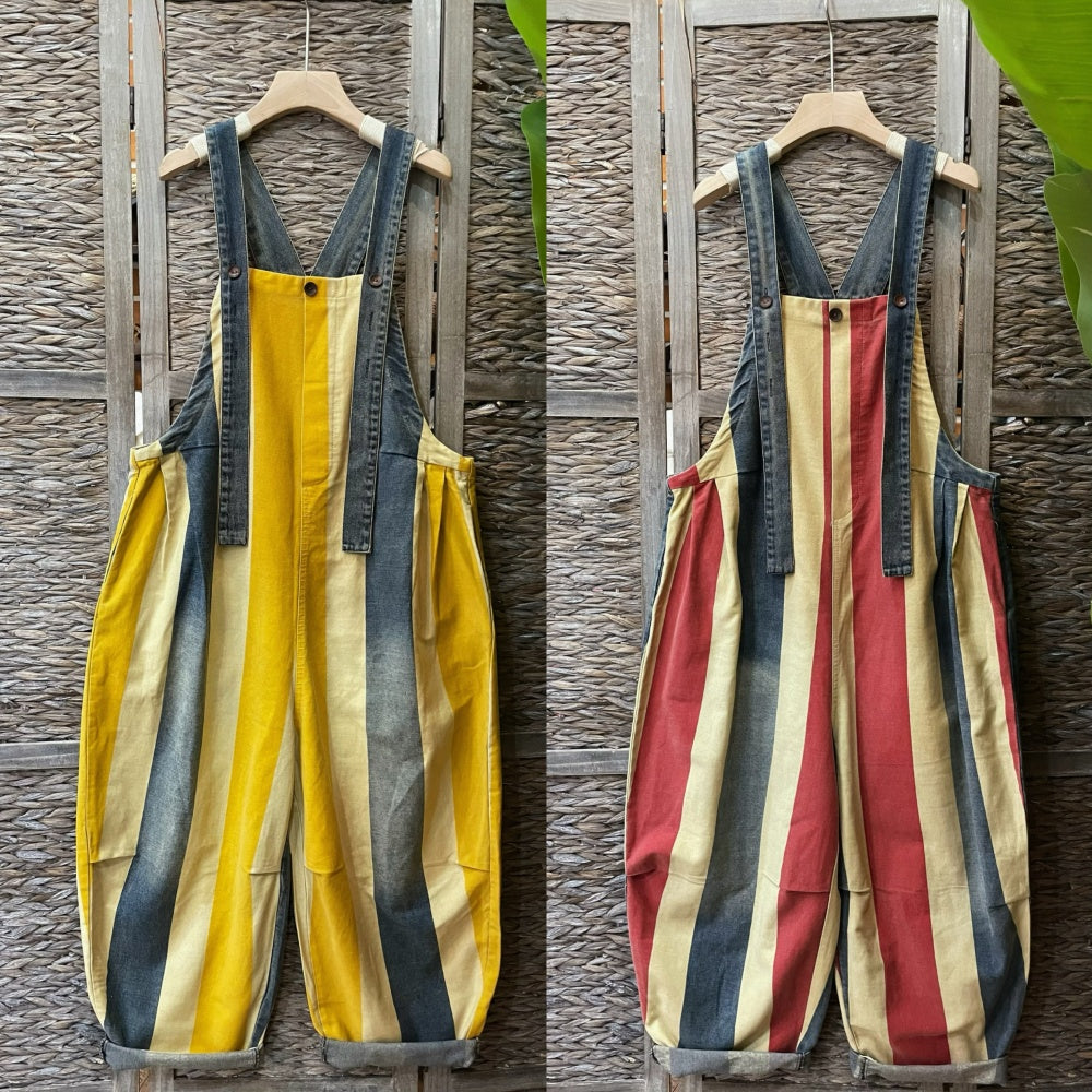 Vintage Stripe Suspender Pants Women's Loose Cotton Denim Jumpsuit