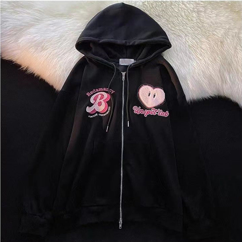 Women's Embroidered Zipper Hooded Cardigan Sweater