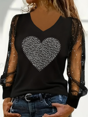Sparkling Rhinestone Heart Long Sleeve Mesh Top – Chic V‑Neck Tee