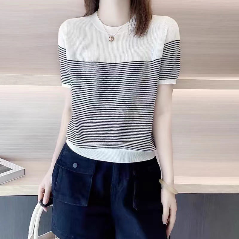 Round Neck Ice Silk Knitwear Thin Simple Pullover Short Sleeve
