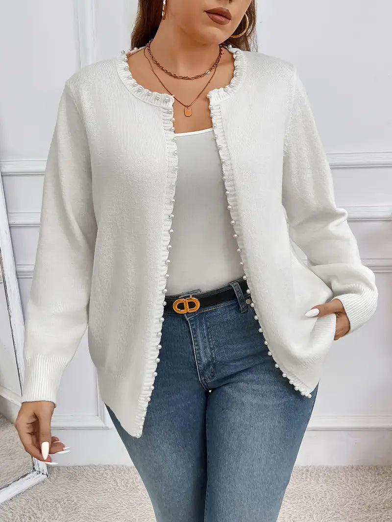 Solid Color Pearl Trim Long Sleeve Cardigan Plus Size Knitwear