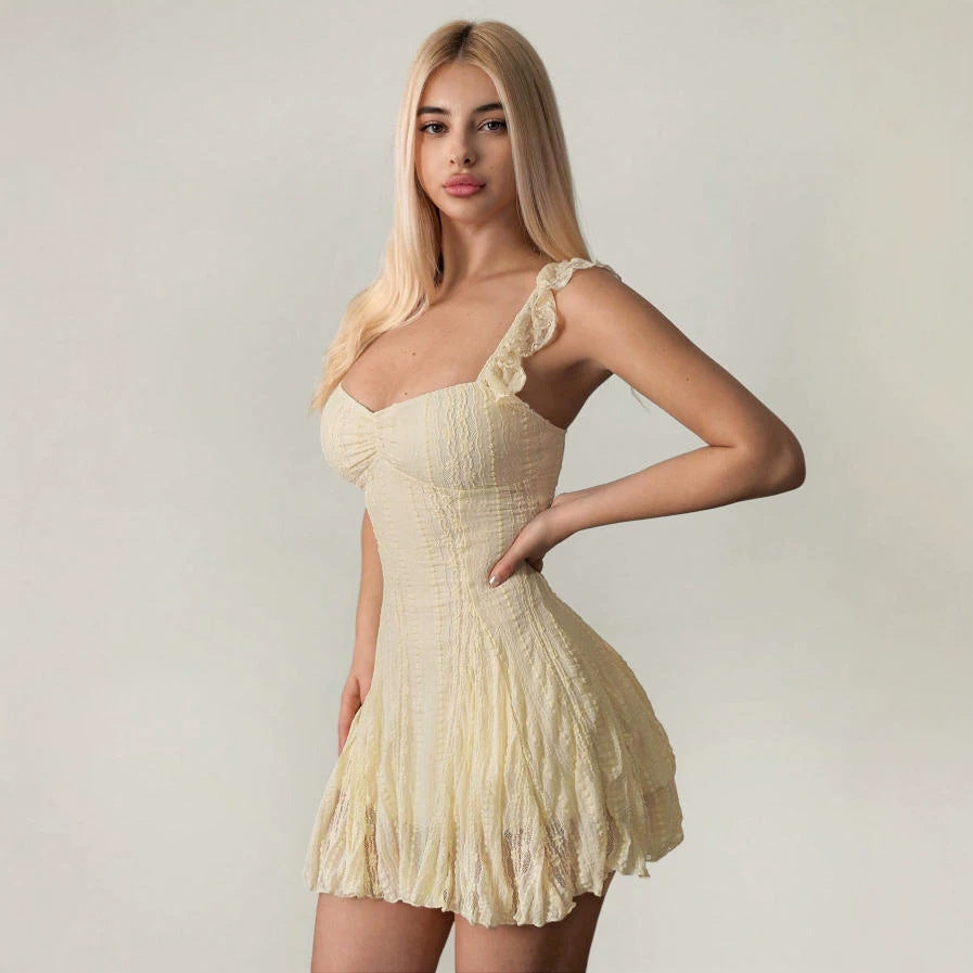 Apricot Lace Patchwork Summer A-line Dress