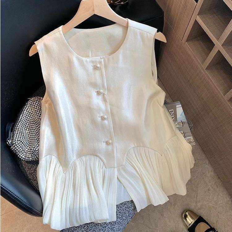 Ruffled‑Hem Sleeveless Satin Top – Chic Pearlescent Apricot Blouse
