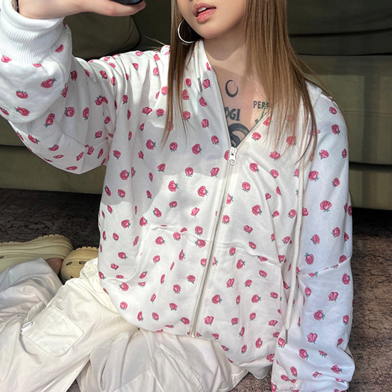 Sweet Rose Print Zip-Up Hoodie