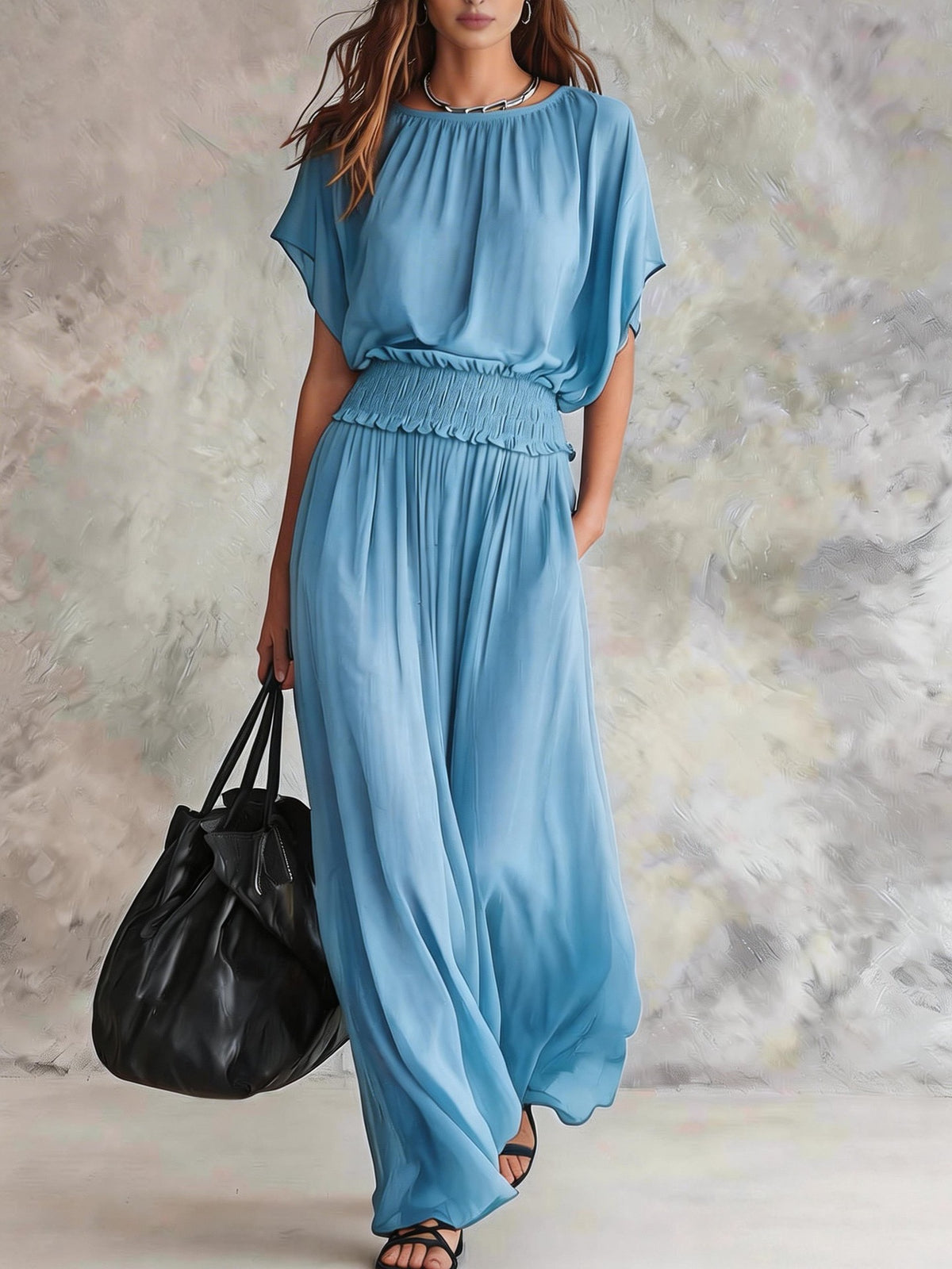 Elegant Draped Waist Flowing Summer Long Dress