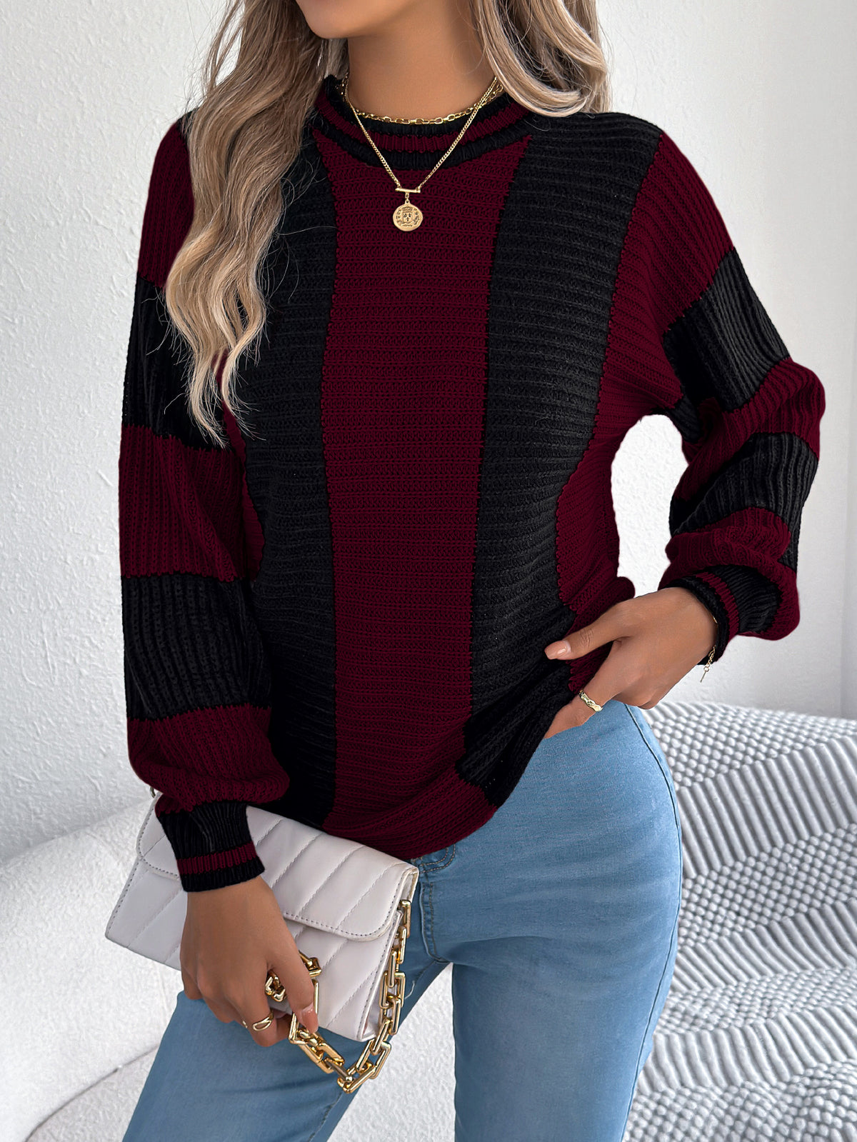Women Casual Color Block Stripe Lantern Sleeve Pullover Sweater