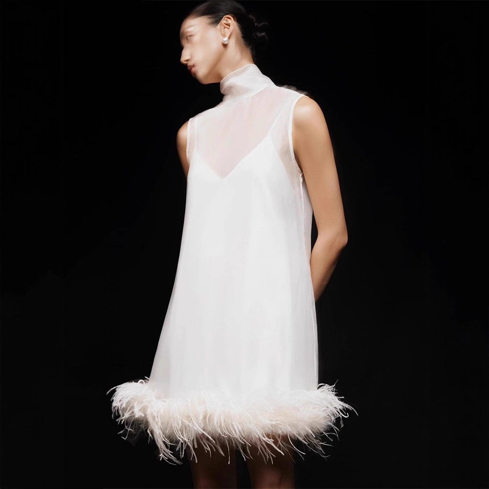 Solid-color Crew-neck Short Dress with Feather Detailing for a Luxe Look