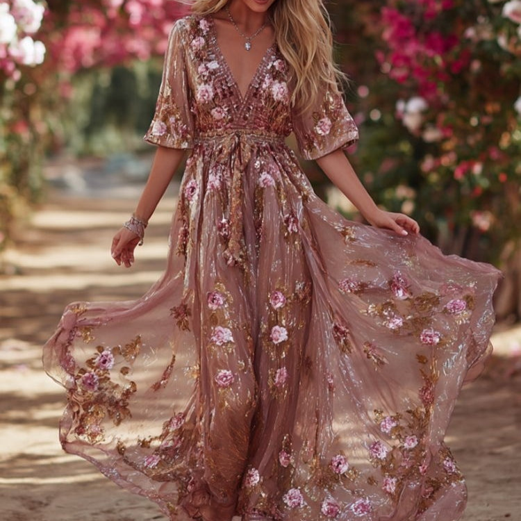 Womens 3d-printed Plant and Floral Retro Elegant V-neck Maxi Dress