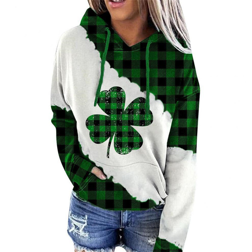 Lucky Clover Print Casual Loose Hooded Sweatshirt