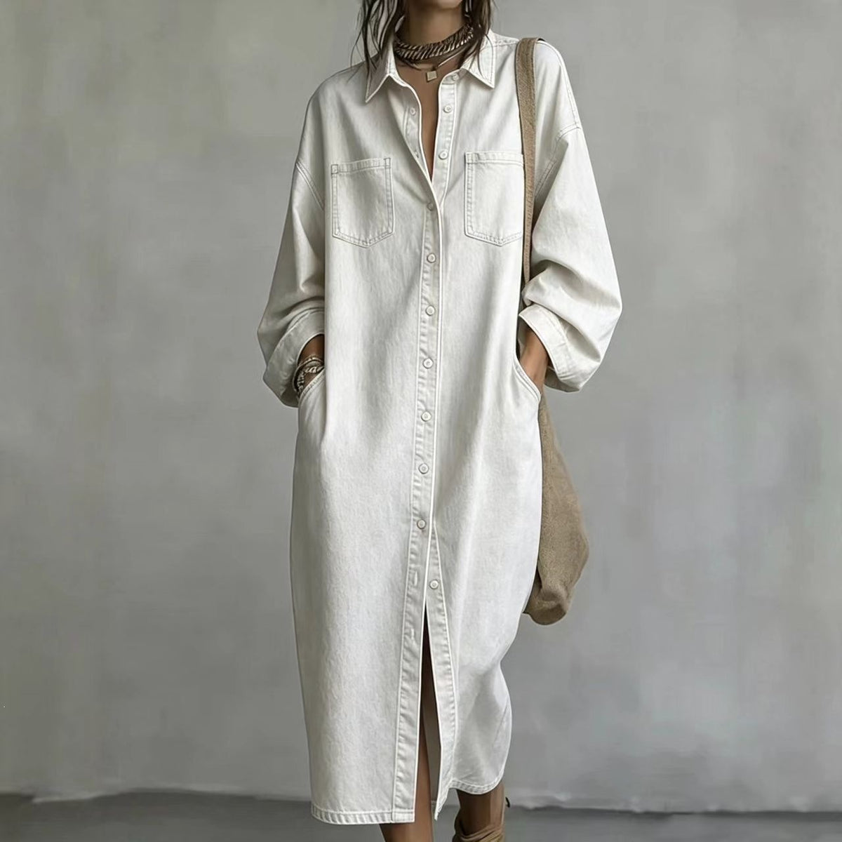 Casual Loose-Fit Denim Shirt Dress