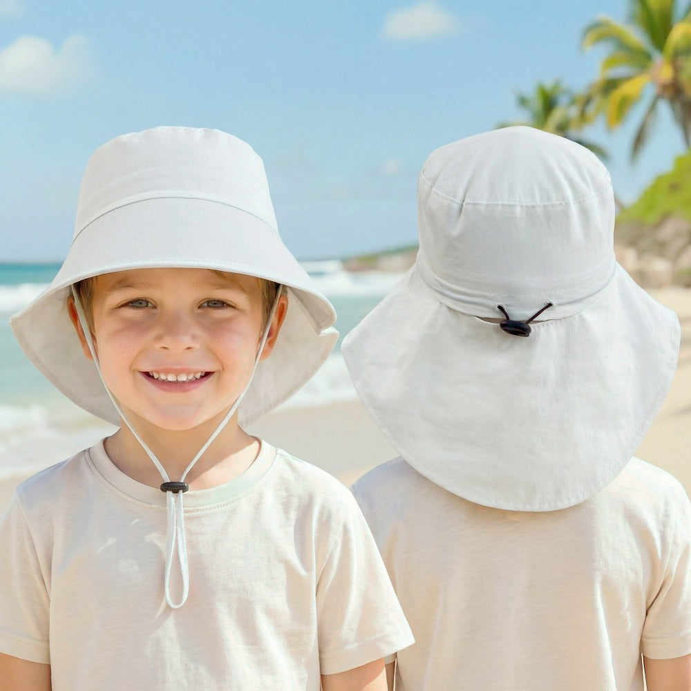Kids Outdoor Sun Hat with Windproof Rope, Adjustable Drawstring and Ponytail Hole – Nylon Fisherman Style