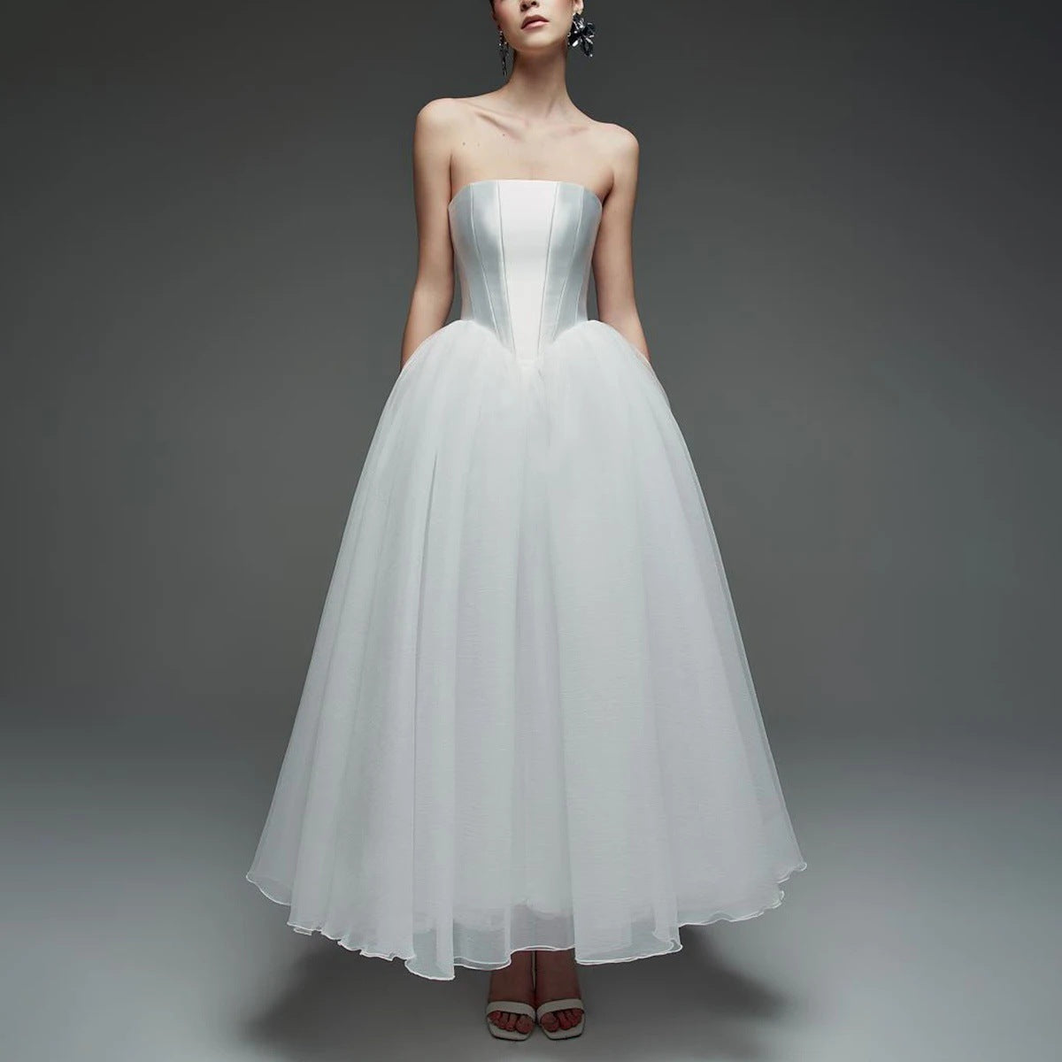 French Strapless Satin Wedding Dress with Voluminous Skirt