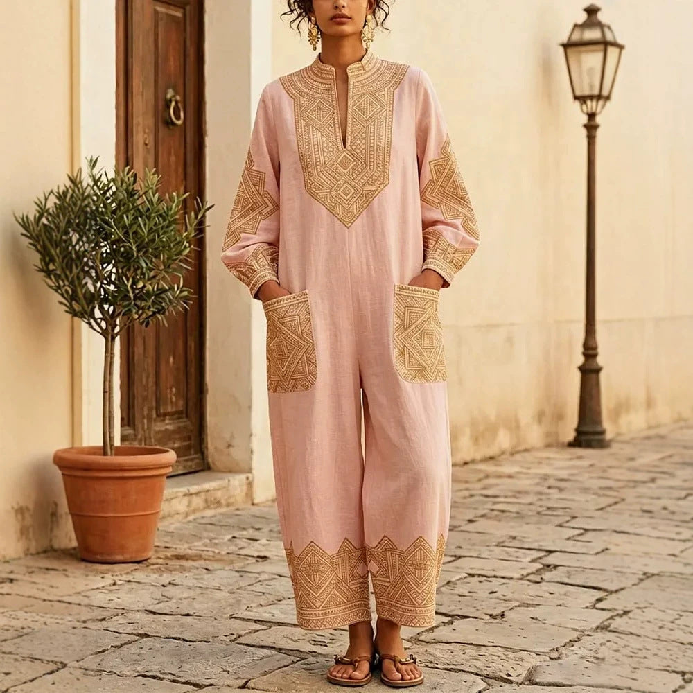 Chic Printed V-Neck Long-Sleeve Casual Jumpsuit