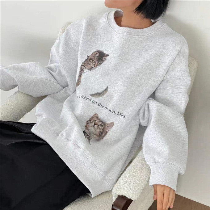 Cute Cat Print Thermal Round-Neck Sweatshirt