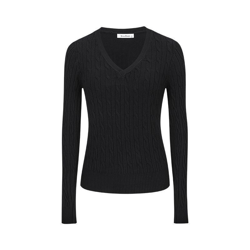 V-neck Sweater Womens Preppy-style Long-sleeve Minimalist Knit Top