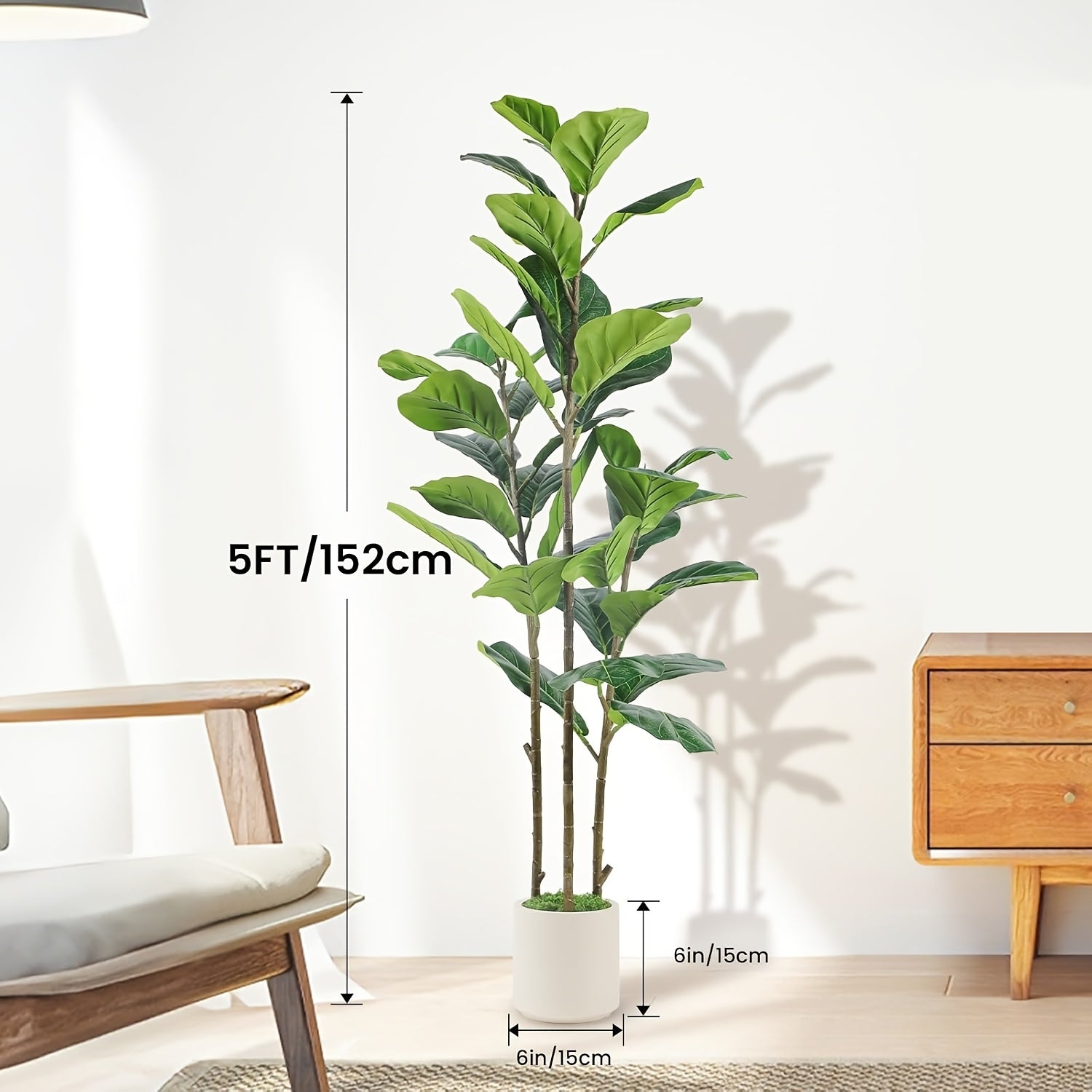 4 to 6 foot tall artificial fiddle leaf fig tree with white planter