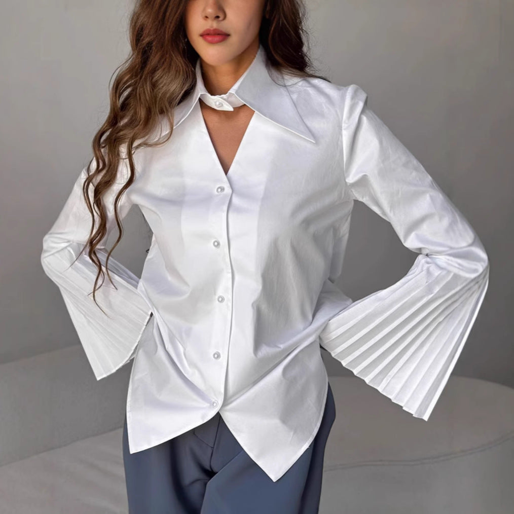 Women's White Cotton-Blend Long Sleeve Shirt – Classic Mid‑Length