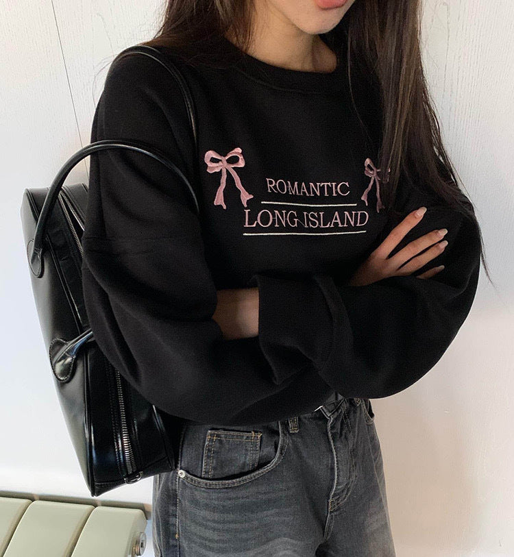 Retro Bowknot Embroidered Oversized Terry Sweater
