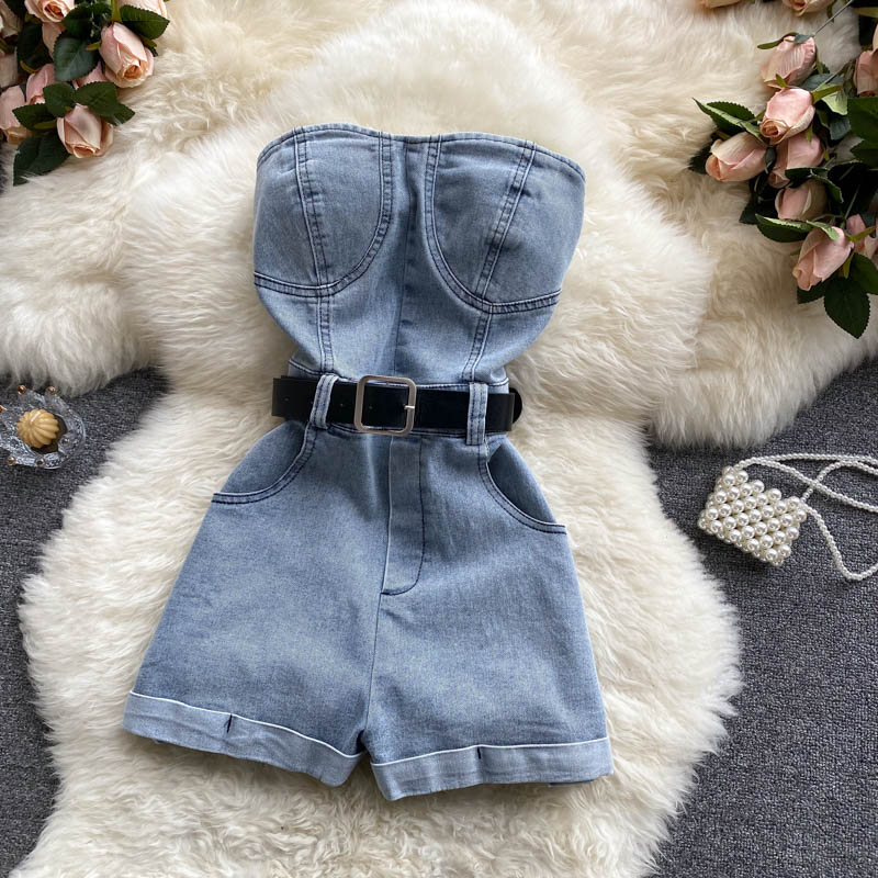 Women's High-Waist Denim Romper Casual Wide-Leg Jumpsuit