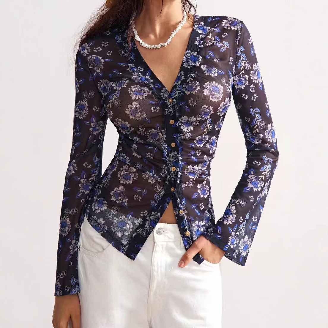 Elegant Mesh Floral Blouse – Slim Fit Long Sleeve Top for Women