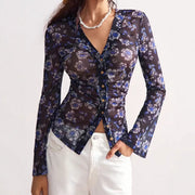 Elegant Mesh Floral Blouse – Slim Fit Long Sleeve Top for Women