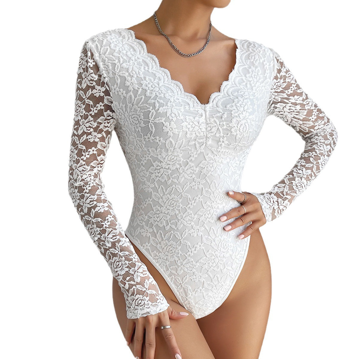 Lace Long Sleeve See-Through Slim Romper